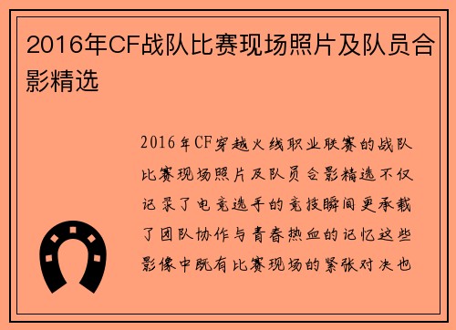 2016年CF战队比赛现场照片及队员合影精选