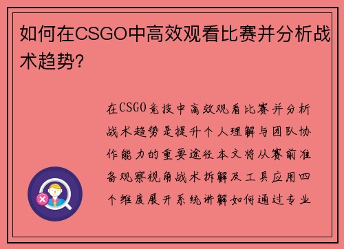 如何在CSGO中高效观看比赛并分析战术趋势？