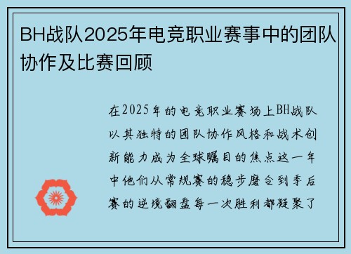 BH战队2025年电竞职业赛事中的团队协作及比赛回顾