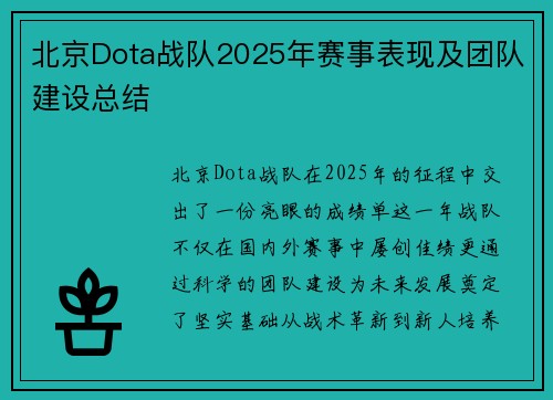 北京Dota战队2025年赛事表现及团队建设总结