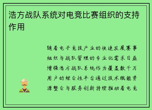 浩方战队系统对电竞比赛组织的支持作用