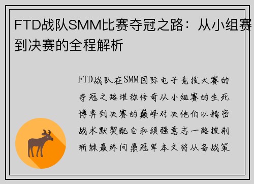 FTD战队SMM比赛夺冠之路：从小组赛到决赛的全程解析