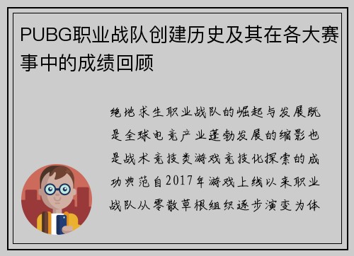 PUBG职业战队创建历史及其在各大赛事中的成绩回顾